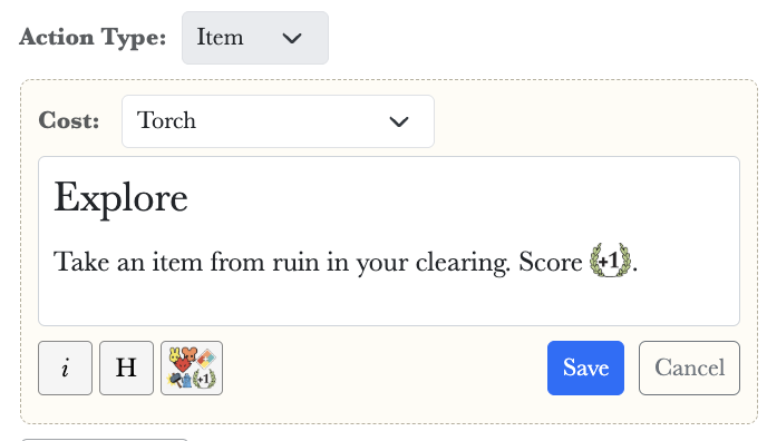 Item action with item cost selector