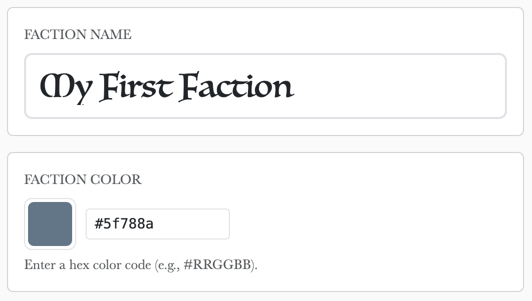 Faction name and color picker form